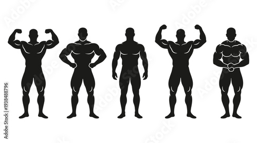 Five bodybuilding male figure silhouettes flexing posing, muscular physique competition stances strength fitness anatomy sports concept, flat vector illustration