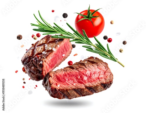 Two medium-rare steak pieces with herbs, tomato, and spices, floating against a white background
