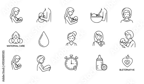 Breastfeeding linear icons vector set maternal nursing and baby care outline symbols