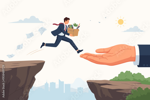 Businessman jumping from a cliff with a box of office supplies towards a giant helping hand, symbolizing career change, job transition, new opportunity, and leaving a company for a better future.