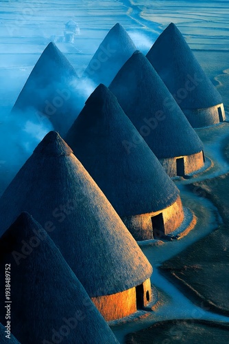 Geometric Order of Granaries - Aerial Shot, Miao Granaries with Conical Roofs in Geometric Array, Morning Mist
