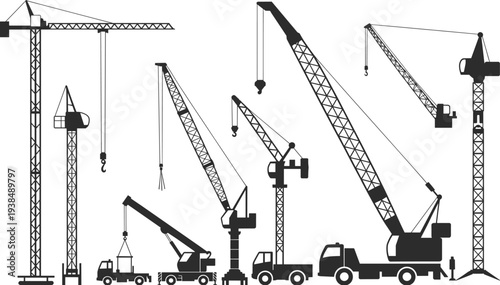 Flat vector construction crane silhouettes, diverse tower mobile truck cranes illustration, heavy lifting equipment icons, industrial machinery design collection