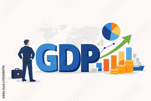 Businessman looking at GDP Gross Domestic Product text with rising arrow, bar chart, pie graph, and cargo ship for global economic growth, international trade, finance, and market prosperity.