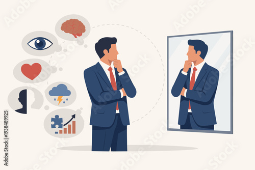 Self Awareness and Introspection Concept with a Businessman Looking in a Mirror Reflecting on His Emotions, Mental Health, Personality, and Personal Growth in a Flat Vector Illustration.