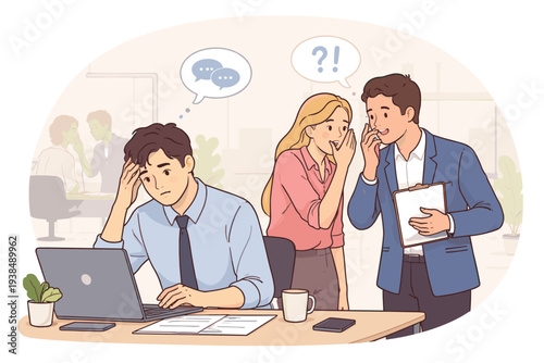 Colleagues Whispering and Gossiping Behind a Sad Businessman's Back in a Toxic Office Environment, Illustration of Workplace Bullying, Rumors, and Social Exclusion at Work with Speech Bubbles