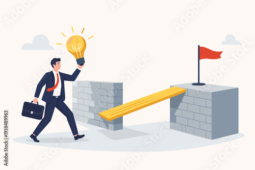 Businessman holding a glowing lightbulb idea walking towards a brick wall obstacle with a wooden plank bridge to reach a red flag goal, concept of creative problem solving and business success.