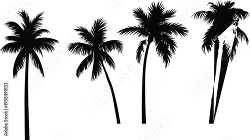 Flat vector palm tree silhouettes, tropical nature illustration, diverse trunk shapes, beach design icons, minimalist foliage art, landscape collection