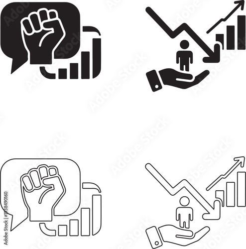 Public welfare and social policy icons in flat design style. Symbols representing labor rights protection, poverty assistance, childcare benefits, accessibility standards and disaster relief programs.