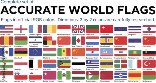 Flat vector parody world flags, humorous fictional flag collection illustration, creative design icons, satirical international banner art, minimalist concept graphics