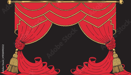Luxurious red curtains with gold accents and tassels drawn open, revealing a grand theatrical stage, illustration