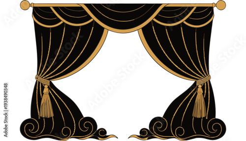 Luxurious black curtains with gold trim and tassels elegantly draped on a rod, viewed from the front, in a regal illustration style