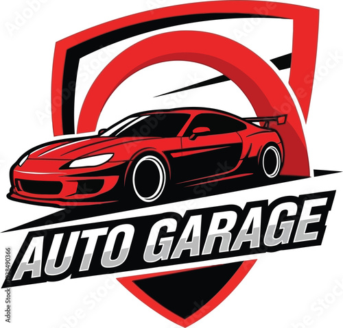 Auto Garage red sports car illustration with racing shield background