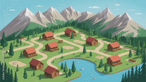 Serene mountain village with red roofs winding roads and a river surrounded by lush greenery and snow capped peaks