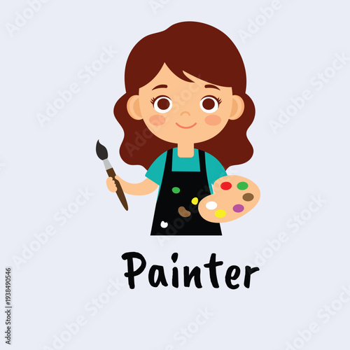 Artistic girl with a paintbrush and palette, illustrating the creative profession of a painter and the joy of art