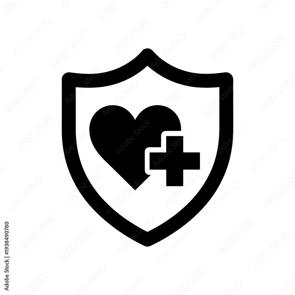 Fototapeta premium A black shield icon contains a heart and medical cross symbolizing health protection silhouette