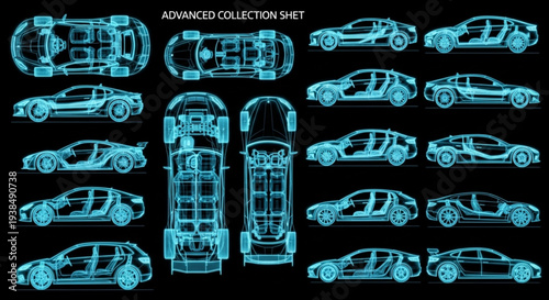 Collection of Futuristic Sports Cars Rendered in Neon Blue X-Ray Style.