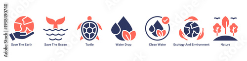 Ocean Defense web banner icon vector illustration featuring Save The Earth,Save The Ocean,Turtle,Water Drop,Clean Water,Ecology And Environment,and Nature icons.