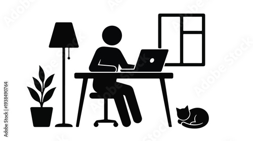 Work from home pictogram with person at desk, laptop, cat, and decor