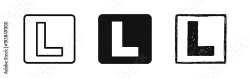 Learner Driver L Plate Icon Set - Provisional Driving License Symbol in Outline, Solid, and Hand-Drawn Styles