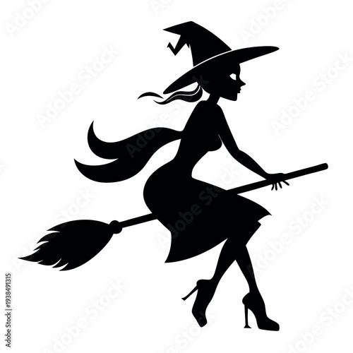 Witch on a broomstick vector black silhouette 
