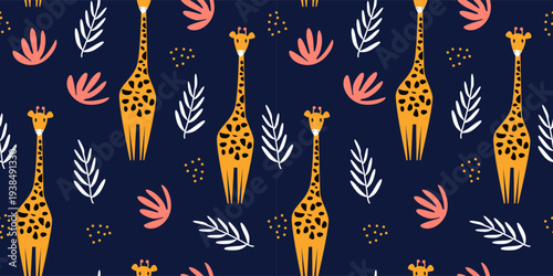 Cute Giraffe Seamless Pattern with Tropical Leaves on Dark Background