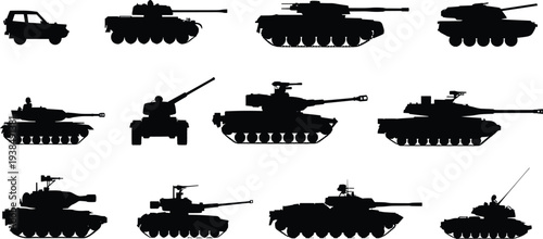 Flat vector tank silhouettes, diverse armored vehicles, military design illustration, defense equipment icons, war machines collection, minimalist combat graphics