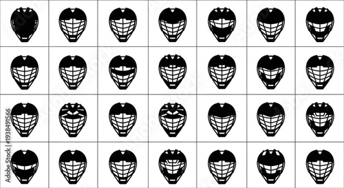 Collection of Hockey Goalie Masks in Black and White.