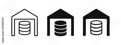 Data Warehouse and Storage Icon Set - Server Stack in Shed Symbol for Cloud Storage and Information Infrastructure