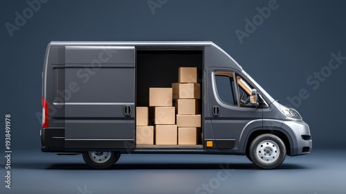 Dark Gray Delivery Truck with Boxes on Side View