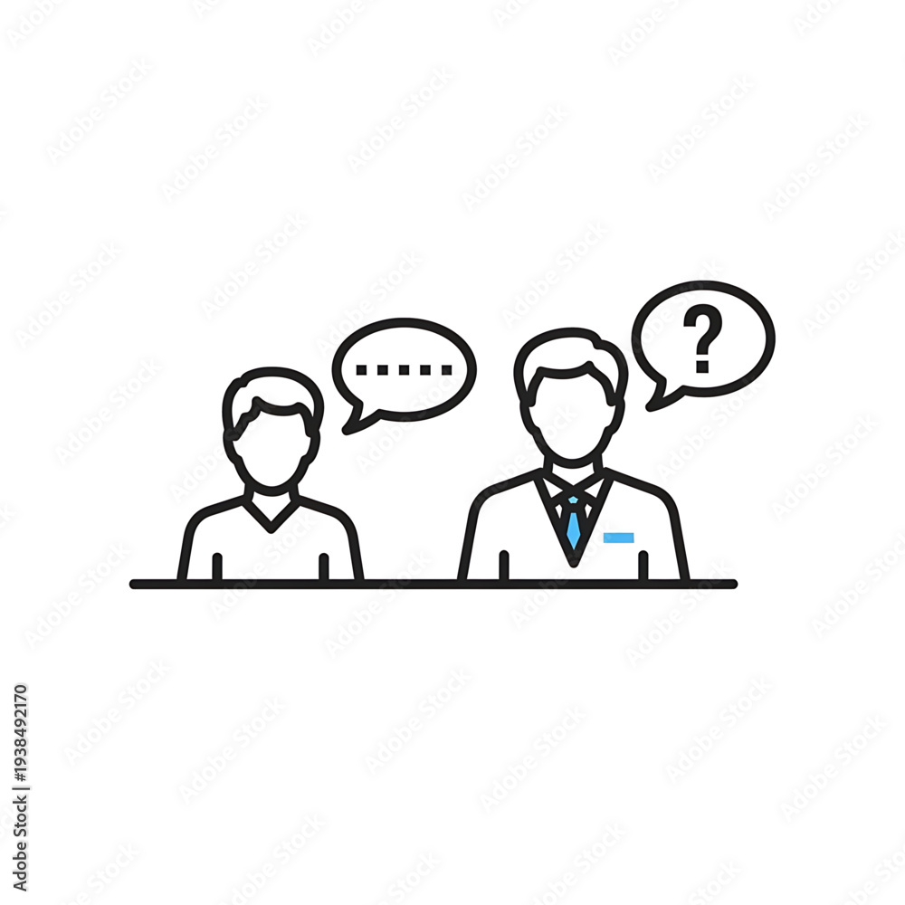 Fototapeta premium Two people discussing ideas with speech bubbles and question symbols above them.
