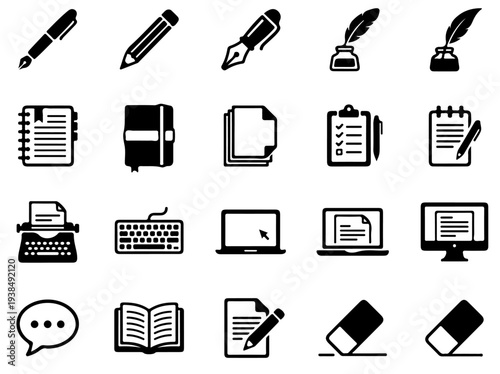 Black Writing and Stationery Icon Set – 16 Flat Vector Icons for Blogging, Education, and Content Creation