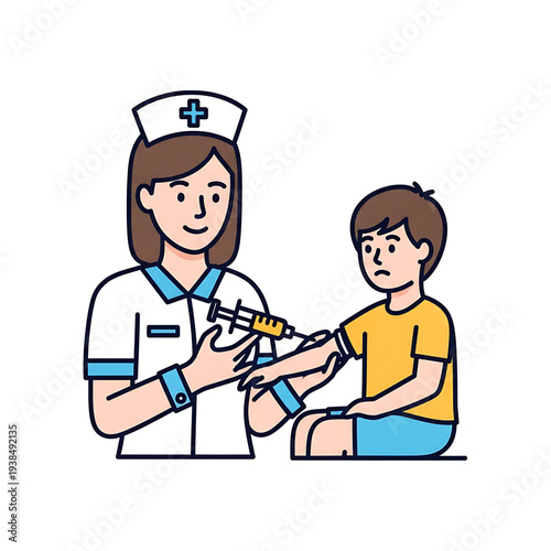Nurse vaccinating a child with a syringe during a medical checkup.