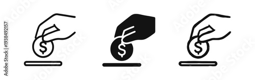 Saving Money and Deposit Icon Set - Hand Putting Dollar Coin in Slot for Investment and Charitable Contribution