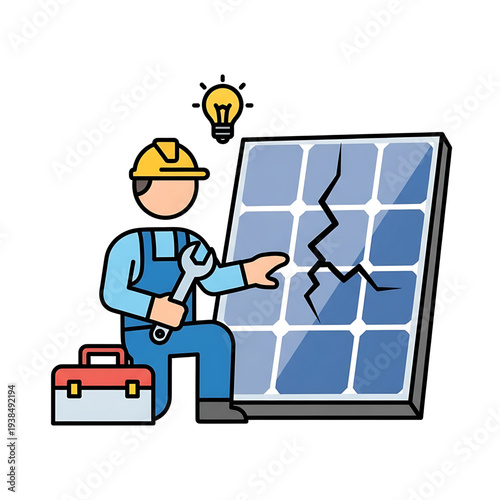 Technician repairing a damaged solar panel using tools and equipment.