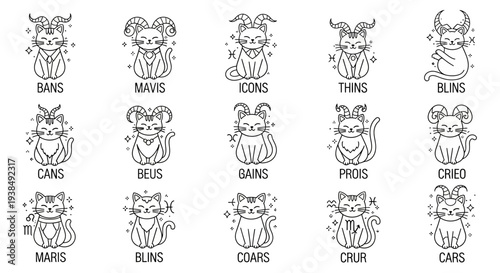 A collection of cute animal line drawings with onomatopoeia labels.