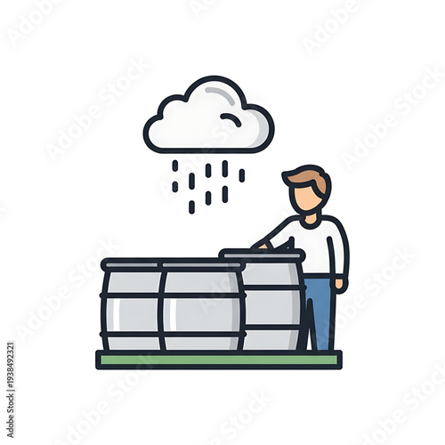 Worker standing near large barrels in the rain during industrial outdoor work.
