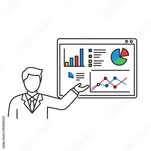 Analyst presenting charts and graphs on a screen during a business report.
