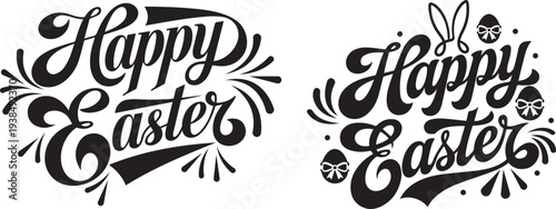 Happy Easter lettering typography set with bunny ears and decorated eggs black vector illustration