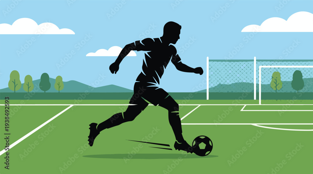 Fototapeta premium Soccer player silhouette dribbling football on green field with goal