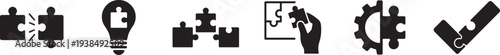 Puzzle solution icon set. Problem-solving, strategy, and teamwork thin line vector symbols collection.