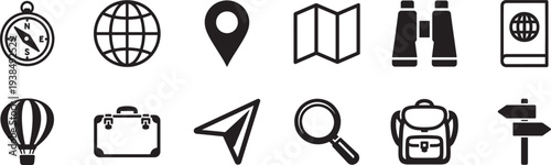 Traveling and localization object icon set. Map, location, and navigation thin line vector symbols.