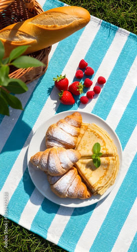 Delicious French breakfast of croissants, crepes, baguette, and berries on a striped picnic blanket in grass for a summer outdoor dining concept