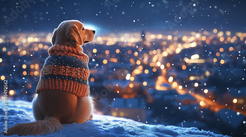 Golden retriever dog wearing a warm sweater sitting on a snowy peak, watching a distant city with falling snow at night for a winter holiday concept