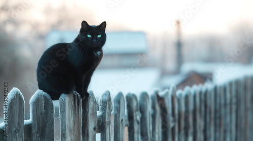 Black cat with bright green eyes sitting on a frosty wooden fence in a winter landscape for a serene animal concept and cold season mood