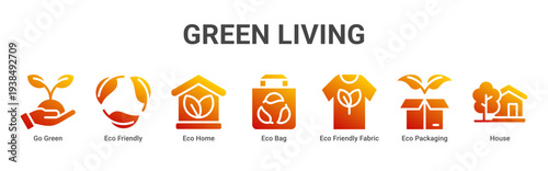 Green Living web banner icon vector illustration with Go Green,Eco Friendly,Eco Home,Eco Bag,Eco Friendly Fabric,Eco Packaging,and House icons supporting sustainable lifestyle choices.
