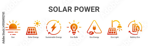 Solar Power web banner icon vector illustration featuring Sun,Solar Energy,Sustainable Energy,Eco Bulb,Eco Energy,Eco Light,and Battery Eco icons promoting renewable electricity solutions.