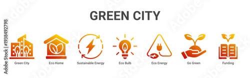 Green City web banner icon vector illustration with Green City, Eco Home,Sustainable Energy,Eco Bulb,Eco Energy,Go Green,and Funding icons showing sustainable urban development.