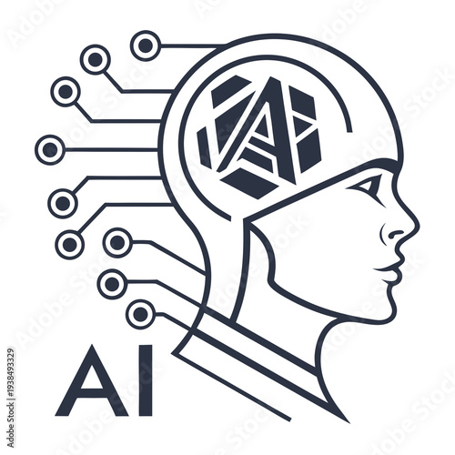 A stylized graphic of a human head with a brain connected to wires and a small ai symbol. Vector