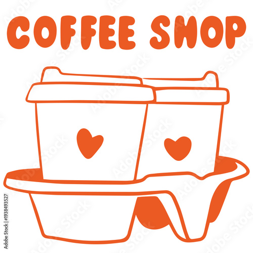 Coffee shop doodle illustration with two takeaway coffee cups with hearts, orange hand drawn cafe drink concept
