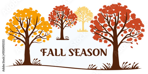 A vibrant illustration of fall trees with the words fall season underneath Vector